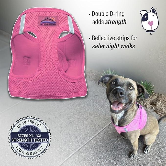 Doggie Design Dog Harness - No Choke Dog Harness, Dog Vest, Mesh Polyester, Pet Harness, Simple Step in and Go Design, Harness for Dog - Candy Pink, XL