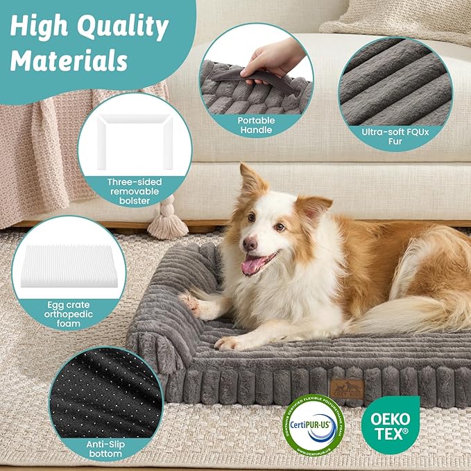 Cute Dog Bed, Faux Rabbit Fur Orthopedic Foam Dog Bed with Sides, Removable Washable Cover & Waterproof Lining, Comfortable Pet Couch for Extra Large Dogs, Grey (48" L x 35" W x 7.5" Th)