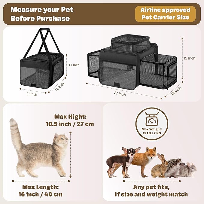 Top and 2 Sides Expandable Cat Carrier 18x11x11, TSA Airline Approved Dog Carriers for Medium Dogs, Soft-Sided Pet Carrier with Self-Locking Zippers for Kitten,Rabbit, Puppy, Guinea Pig Black