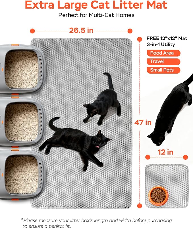 Cat Litter Mat 47"x26.5" Extra Large & 12"x12" Small, Double Layer Waterproof Trapping Mat for Home Travel, Non-Slip & Urine-Proof, Soft on Paws, Hold 2-3 Litter Boxes, XXL, 2-Pack(Grey)