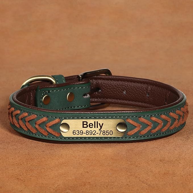 Personalized Dog Collars Custom Premium PU Leather Dog Collar with Name and Phone Number Engraved Name Plate for Medium Dogs Customized Customizable Adjustable Dog Collar, Green,M(11-14")