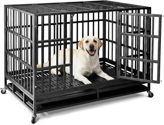 Escape-Proof Heavy Duty 38" Dog Crate, Indestructible Steel Kennel for Large & High-Anxiety Dogs with 300Lbs Capacity, Double Door Design with 4 Locking Wheels and Reinforced Baseplate.