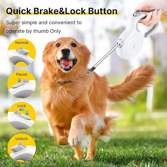 16Ft Auto-Brake Retractable Dog Leash for Middle Large Dogs 360° Tangle-Free Strong Nylon Tape and Ergonomic Anti-Slip Soft Handle One-Handed Brake Pause Lock