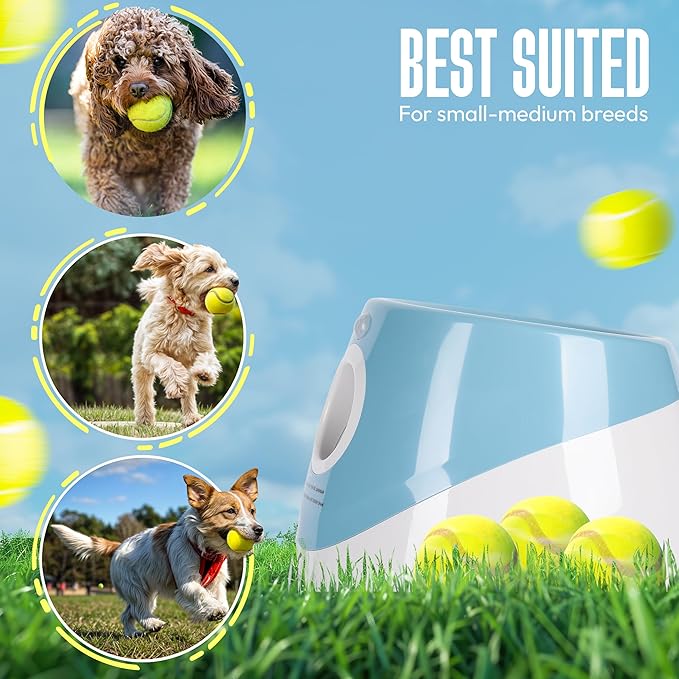 Automatic Dog Ball Launcher for Small Dogs – Dog Ball Thrower Fetch Machine - Indoor Outdoor Interactive Toy with 3 Mini Tennis Balls 2 Inch