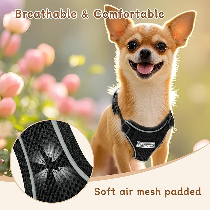 Small Dog Harness and Leash Set, Reflective Soft Breathable Mesh Vest, 3 Buckles, Adjustable Neck and Chest,Step in Dog Harness for Walking, Running, Training, Black, S