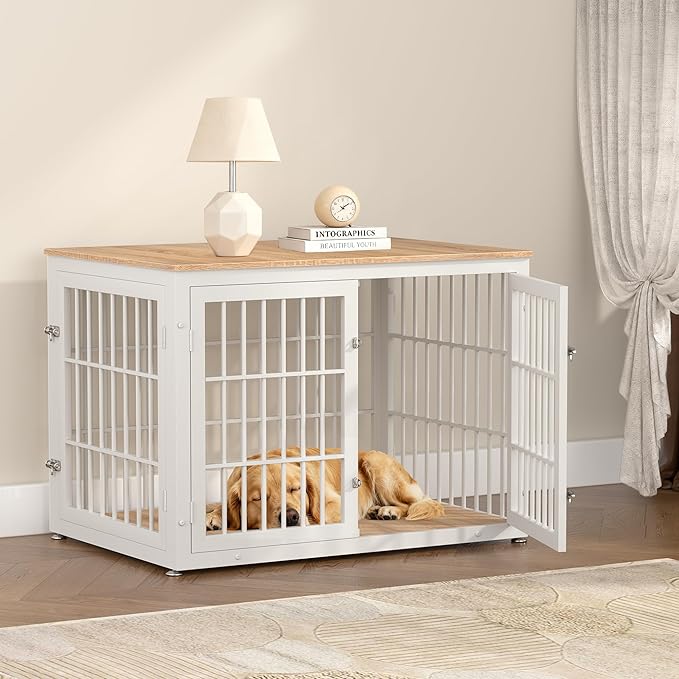 42 Inch Heavy Duty Dog Crate Furniture for Large and Medium Dogs, Decorative Pet House End Table, Wooden Cage Kennel Furniture Indoor, Natural and White