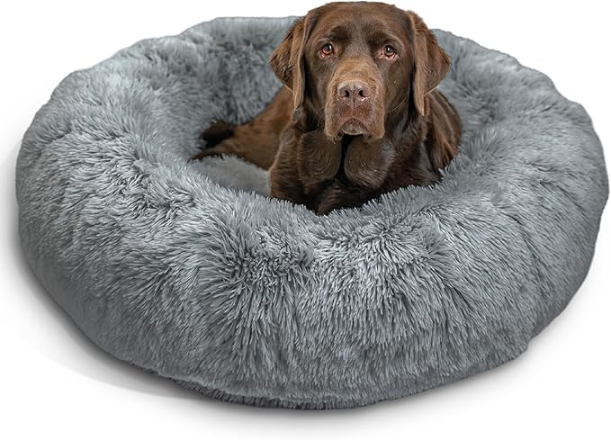 Best Friends by Sheri The Original Calming Donut Dog Bed – Washable Plush Pet Bed for Large Breeds up to 100 lbs, Shag Faux Fur, Gray, Large (36" x 36")