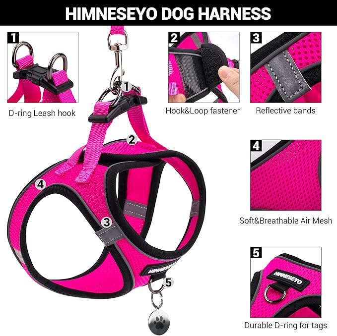 Dog Harness and Leash Set, Dog Harness for Dogs No Pull, No-Chock Step-in Reflective Breathable Lightweight Easy Walk Vest Harnesses with Safety Buckle for Small Medium Dogs, Cats (Rose red, XL)
