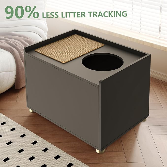 Top Entry Litter Box Enclosure, Modern Flip Top Litter Box Furniture with Cat Scratch Mat, Side Table (Black)
