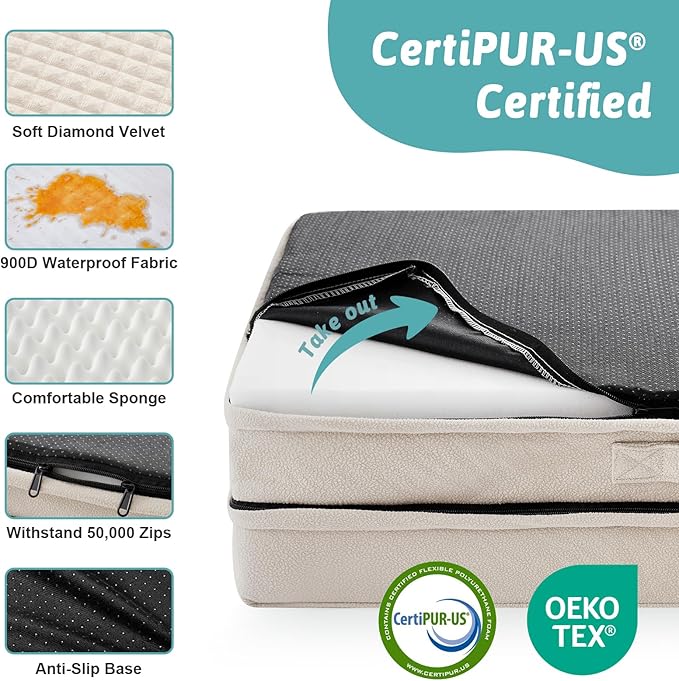 Orthopedic Dog Bed for Large Size Dog, XL Dogs Crate Bed, L Shaped Foam Anti-Slip Bottom Pet Cat Sofa with Washable Removable Cover, Suitable for Pet Up to 100 lbs, 44x32x7 inch, Beige