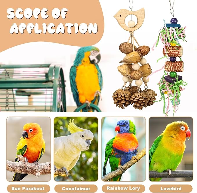 Bird Toys 3 Pack Parrot Toys Natural Bird Cage Accessories Shredded Foraging Supplies Suitable for Parakeets, Cockatiels, Conures, Lovebirds and Most Small to Medium