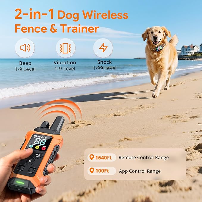 Meowant GPS Wireless Dog Fence System Collar with Training Remote, Free App, Custom GPS Fence(82-7000ft), Beep/Vibration/Correction, Early Alert Band, Waterproof LCD Collar, Dogs 10+Lbs, Outdoor
