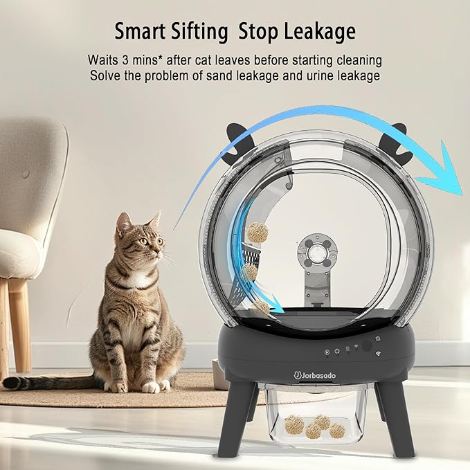 J JORBASADO Self Cleaning Litter Box, Automatic Cat Box for Multiple Cats, APP Real-Time Monitor Cat Litter Box Automatic Cleaning, Safety Protection,with 1 Trash Bag, Ears Design