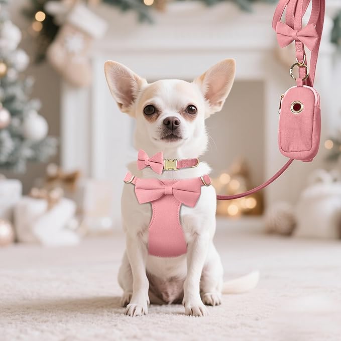 Beirui Cute XXS Dog Harness Set with Three Detachable Bows, Adjustable Step in Dog Harness Collar and Leash Set with Secure Metal Buckle for Daily Walking, Parties & Holiday Outfits(Pink,XXS)