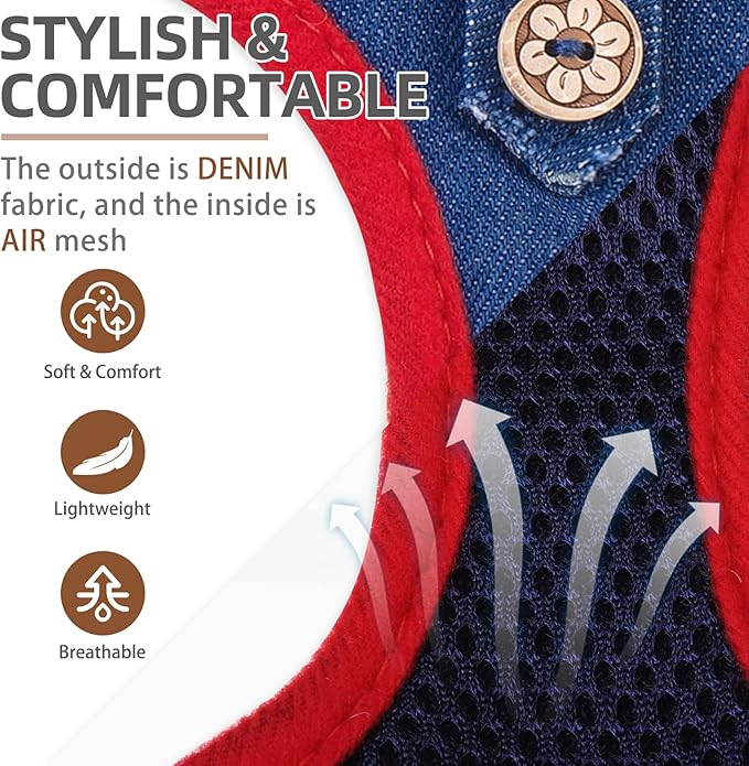 PUPTECK Dog Harness and Leash Set for Small Medium Dogs No Pull Step-in Soft Mesh Puppy Cat Vest Harnesses Reflective at Night, Denim NavyBlue L