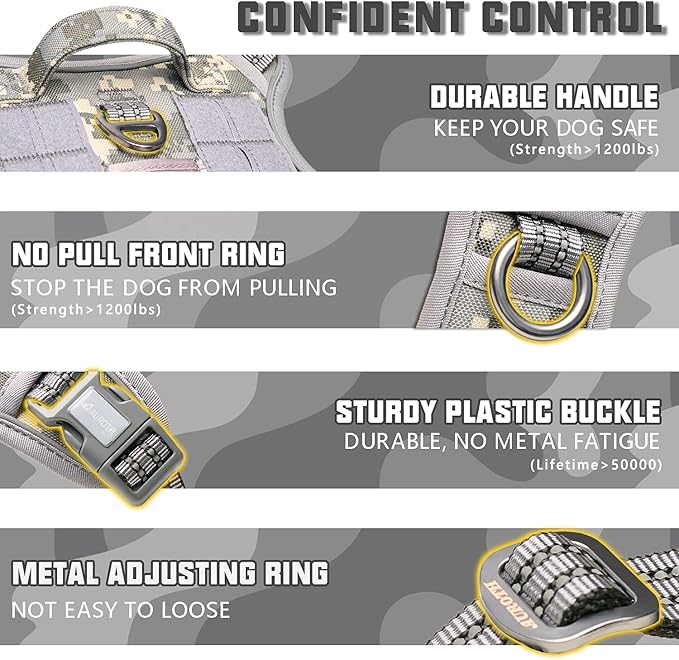 Auroth Tactical Dog Harness for Small Medium Large Dogs No Pull Adjustable Pet Harness Reflective K9 Working Training Easy Control Pet Vest Military Service Dog Harnesses XL Grey Camo