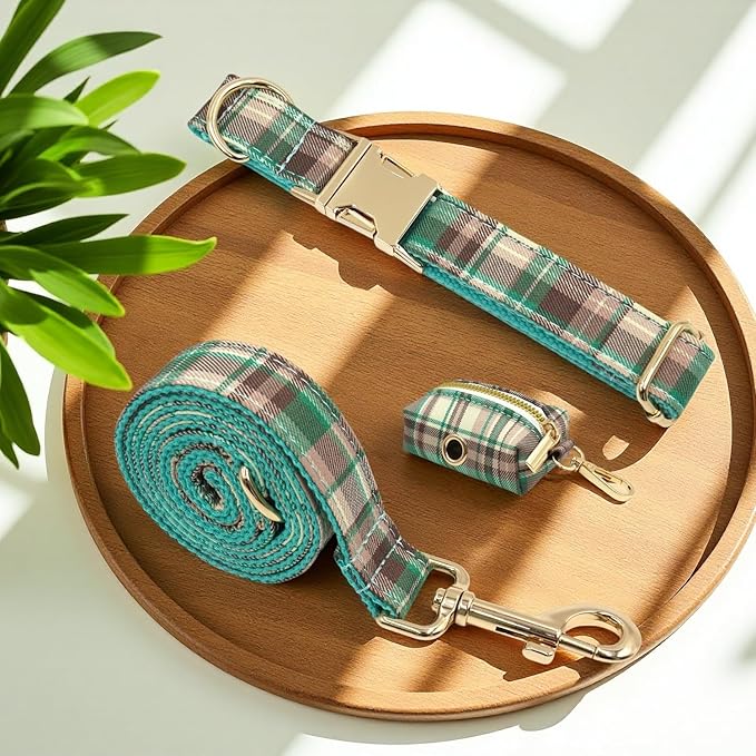 PETDURO Personalized Dog Collar Teal Brown Plaid for Large Medium Dogs | Engraved Name and Phone Number on Gold Metal Buckle for Boys & Girls | Add Leash & Bow Tie via Customize Now