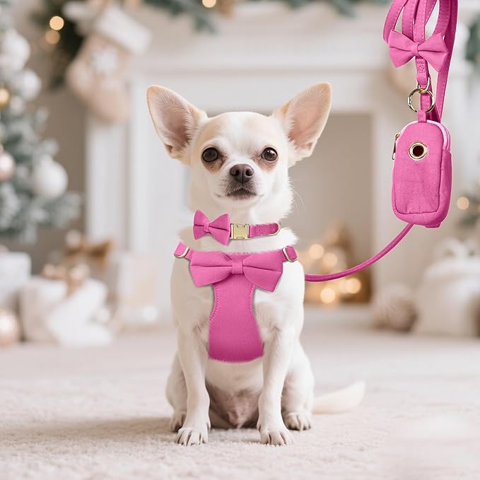 Beirui Cute XXS Dog Harness Set with Three Detachable Bows, Adjustable Step in Dog Harness Collar and Leash Set with Secure Metal Buckle for Daily Walking, Parties & Holiday Outfits(Hot Pink,XXS)