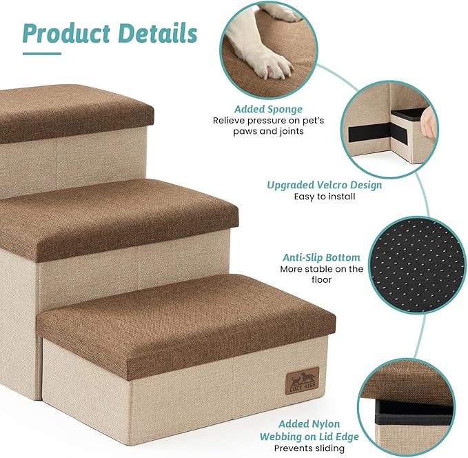 Dog Stairs with Storage, 3-Step Wider Sturdy Dog Steps for Small/Medium/Large Dogs and Older Cats, Folding Doggie Ramp for Bed/Couch/Car Hold Up to 180 lbs (16.7" H, Brown)