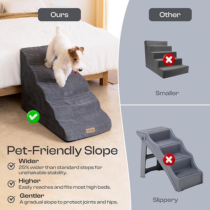 Extra Wide Dog Stairs for Large Dogs Up to 80lbs, 25" Pet Steps for High Bed with Washable Cover, 5-Step Foam Bed & Couch Ladder for Small Medium Dogs & Senior Cat, Gray