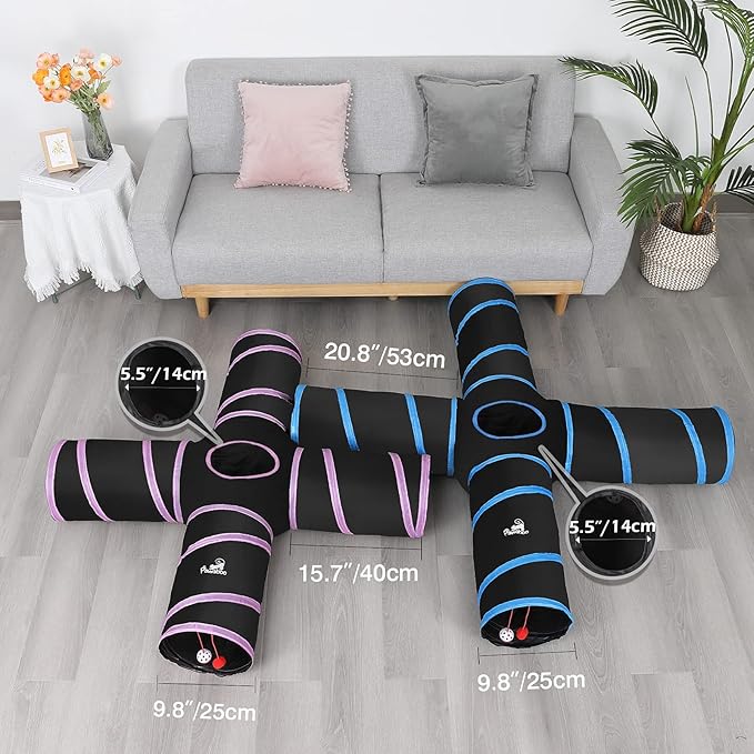 Pawaboo Cat Toys - 4 Way Cat Tunnel, Tube & Play Tent, 25x53cm, Extensible, Interactive Maze with Balls & Bells for Kitten & Small Animal, Blue