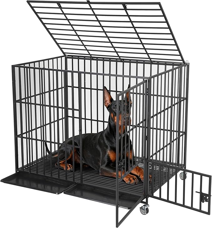 Garvee 54 Inch Heavy Duty Dog Crate, Metal Escape Proof Dog Kennel Indoor with 3 Doors, Removable Tray, Extra Large Dog Cage with Wheels for Large and Medium Dogs, Black
