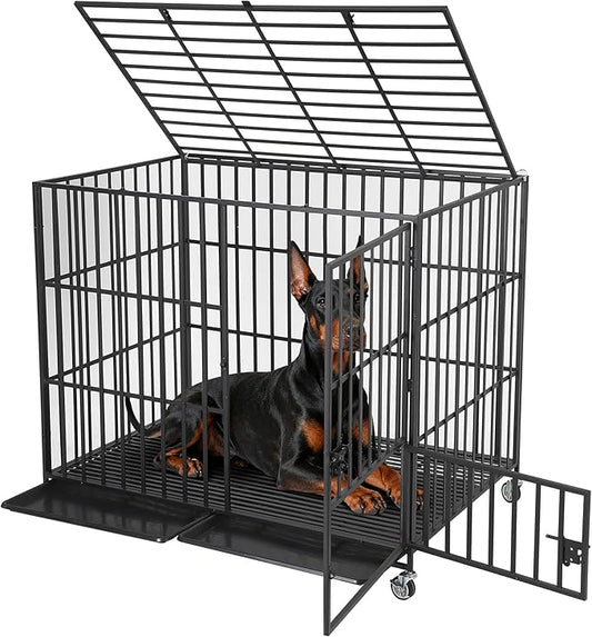 Garvee 54 Inch Heavy Duty Dog Crate, Metal Escape Proof Dog Kennel Indoor with 3 Doors, Removable Tray, Extra Large Dog Cage with Wheels for Large and Medium Dogs, Black