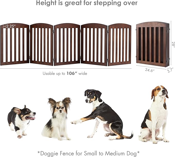 SPIRICH 120" Extra Wide 28" Tall Dog Gate Indoor, Dog Gates for Doorways, Stairs, The House, Wooden Freestanding Foldable Pet Gate, Step Over Puppy Safety Fence, 5 Panels, Brown