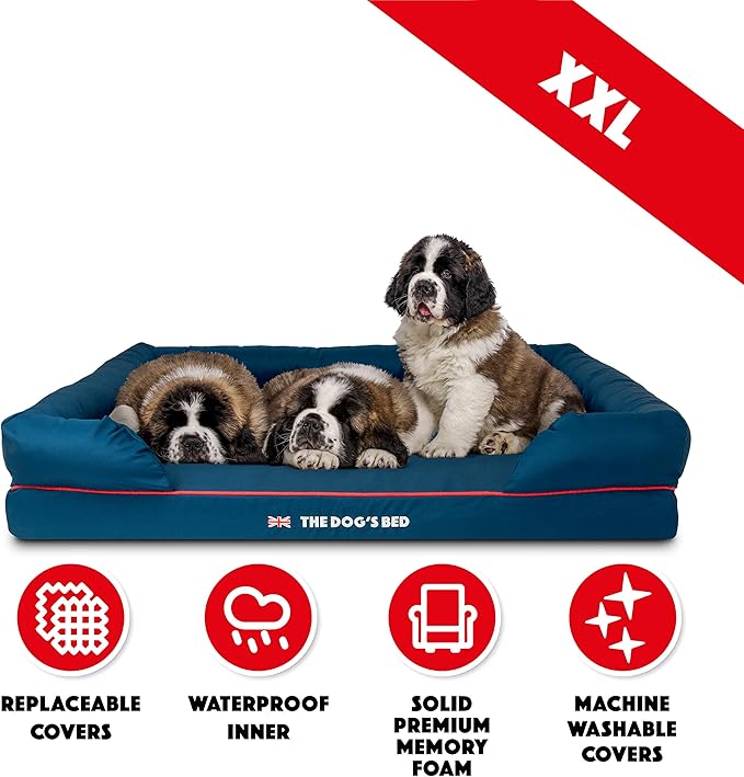 The Dog’s Bed Orthopedic Dog Bed XXL Blue Oxford with Red Trim UK Flag Dog Bed, Memory Foam, Pain Relief: Arthritis, Post Surgery, Lameness, Waterproof Washable Cover, Veterinary Approved