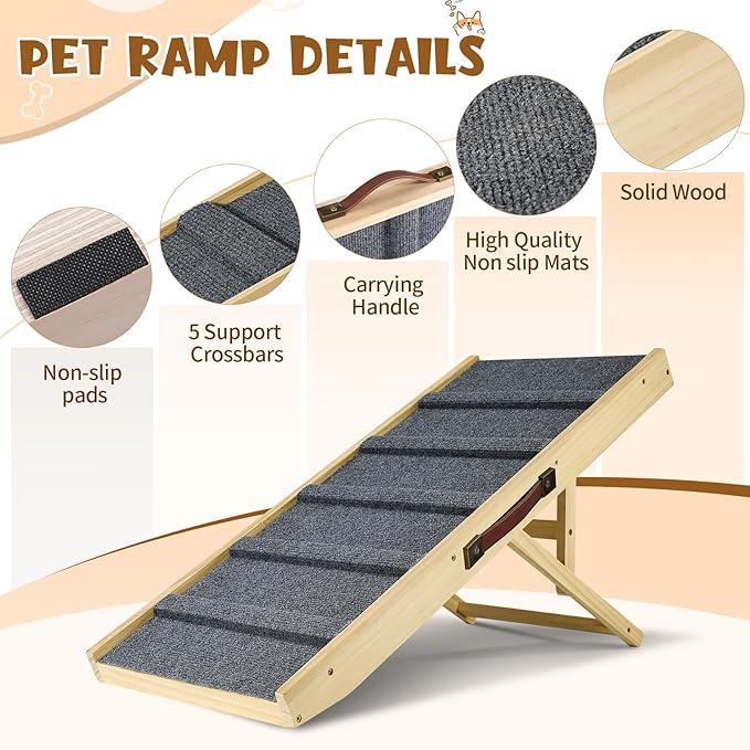 Upgraded Dog Ramp for Couch, Foldable Small Dog Pet Ramp for Low Bed, 5 Adjustable Height from 12'' to 20" Dog Stairs with Non-Slip Pad, 13.8" Wide Wooden Pet Steps for Dogs to Get on Bed Couch Car