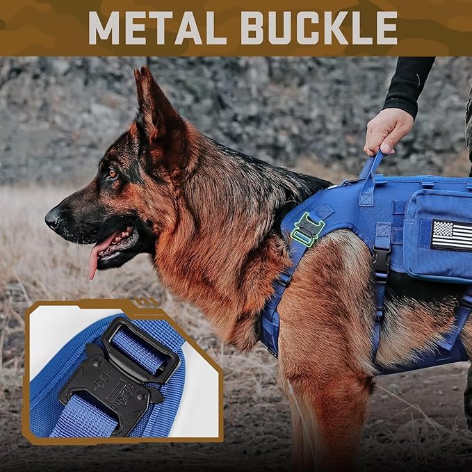 Forestpaw Tactical Dog Harness for Large Dogs,Tactical Dog Collar with Bungee Leash Set,No Pull Military Dog Harness for Walking Training,Adjustable for Medium Large Dogs,Blue,Chest 21.5-45"