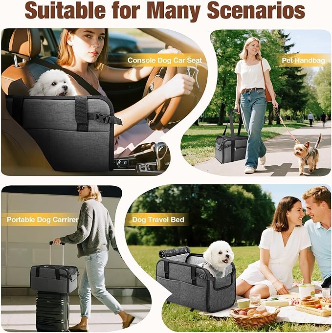 YUDODO Large Dog Car Seat for Center Console (Width＞9.5in) Fits 10-20lbs, Anti-Slip Puppy Cat Travel Portable Booster Seat, Luxury Pet Car Bed Carseat PU Leather Gray