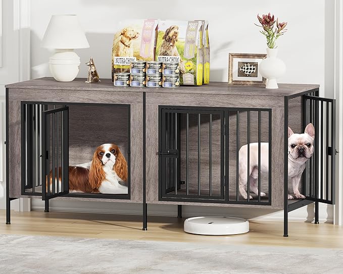 EasyCom Dog Crate Furniture for 1 or 2 Dogs, Heavy Duty Single/Double Dog Crates for Small/Medium/Large Dogs, Dog Kennel Furniture Indoor as TV Stand, Small Size 55.12" L(0-20 Pounds), Oak Grey