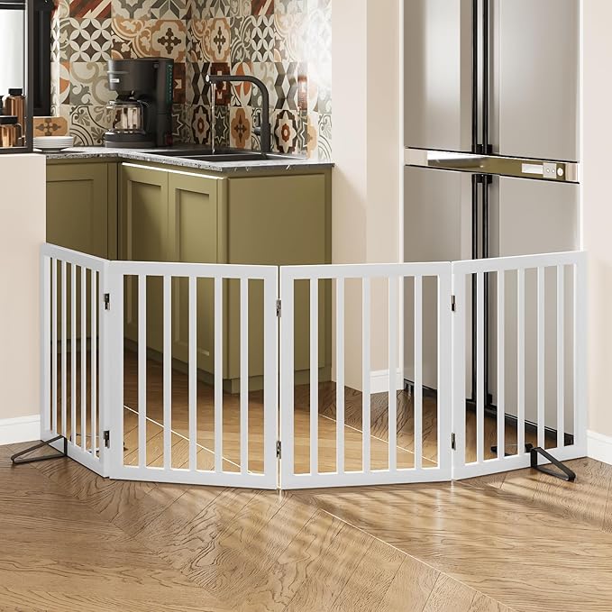 Wooden Dog Gate Freestanding Foldable Pet Gate 4 Panel Fully Assembled Dog Gates for Doorways House Stairs