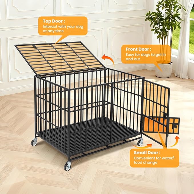 Garvee 36 Inch Heavy Duty Dog Crate, Metal Escape Proof Dog Kennel Indoor with 3 Doors, Removable Tray, Large Dog Cage with Wheels for Large and Medium Dogs, Black