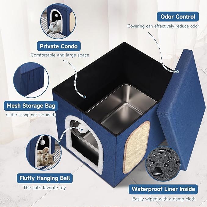 Cat Litter Box Enclosure, Foldable Hidden Litter Box with Mesh Storage Bag, Litter Box Furniture Hidden with Waterproof Inside, Easy Clean, Odor Control, Easy Assembly, 21.6”L x 17.7”D x 17.7”H, Blue