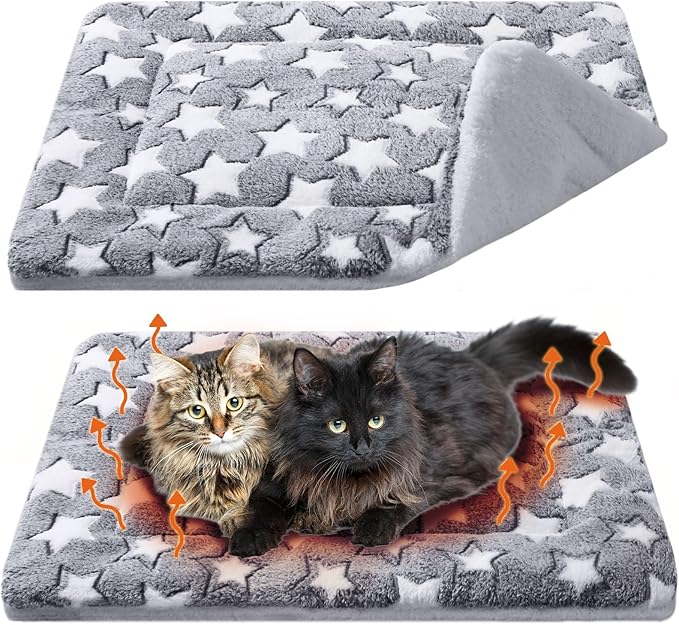 VitalCozy 2 Pack Self Warming Cat Mat Self Heating Pad Bed Reversible Machine Washable Reflects Body Heat Warm Thermal Pet Pad Crate Blanket for Feral and Indoor Cat (Grey,36'' X 24'',Star)