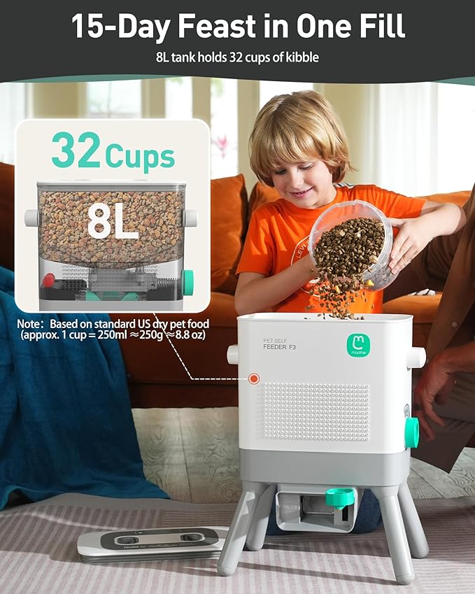 Maother Dog Self Feeder - 8L Large Capacity Gravity Feeder for Dogs and Cats, Dry Food Compatible Pet Food Dispenser,Train Pets to Self-Feed, Interactive DIY Kit for Families - F3 V1