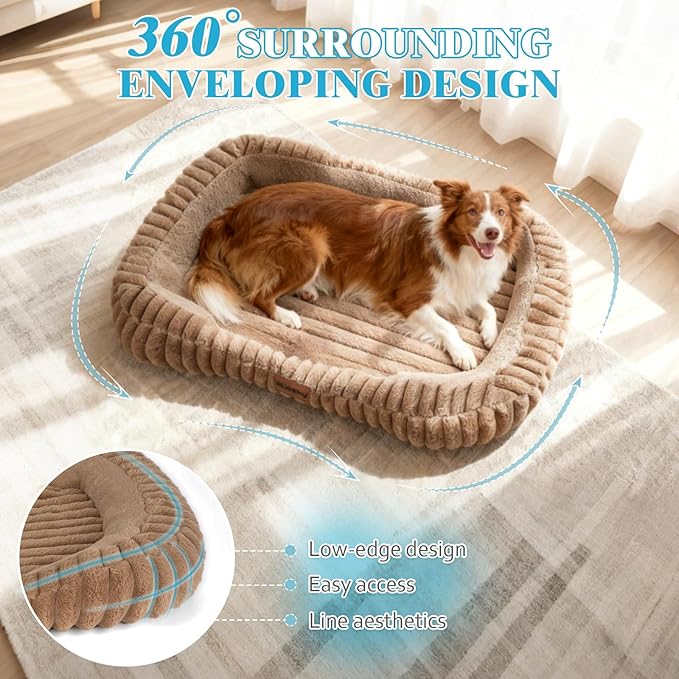 Cute Washable Dog Bed for Medium Large Dogs, Calming Furry Bolster Dog Bed, Durable Rectangle Anti-Anxiety Comfy Large Pet Bed, Removable Zipper Cover & Anti-Slip Bottom, 35x27x5inches, Brown