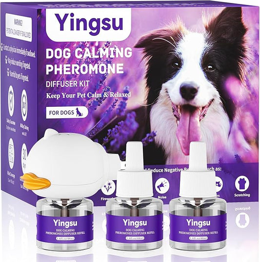 Dog Calming Diffuser, 4 in 1 Puppy Pheromones Calming Diffuser, Relaxing Pheromone for Dogs Relief Stress Anxiety Reduce Aggression Barking, Help Train Dog to Pee, 1 Diffuser 3 Refill(48ml)
