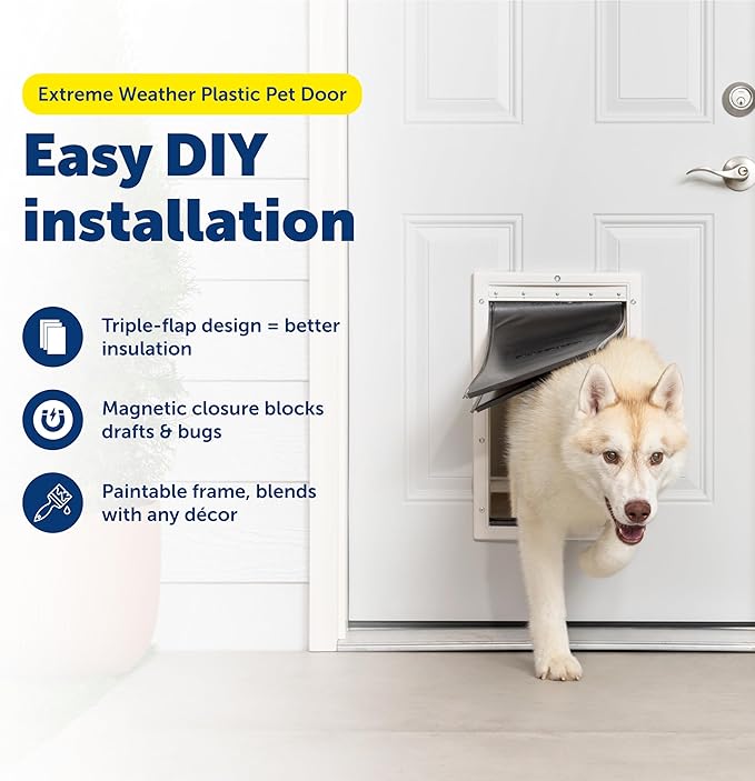 PetSafe Extreme Weather Plastic Pet Door - Energy-Saving Thermal Barrier Pet Flap with Slide-in Door Locking & Secure Flap Cover - Plastic Frame - for Dogs Up to 100 Lb - Large