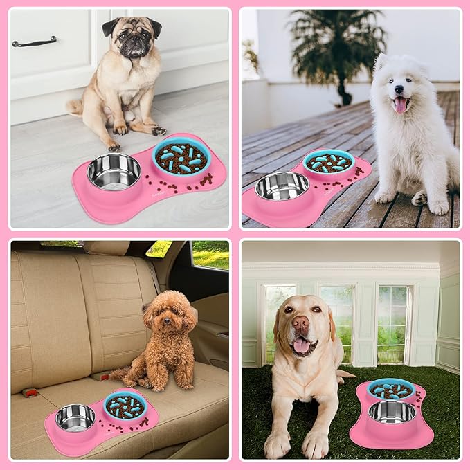 Slow Feeder Dog Bowls 3 in 1 Stainless Steel Dog Food and Water Bowls with Non-Spill Non-Skid Silicone Mat to Slow Down Eating for Large Medium Small Breed Size Dogs and Cats
