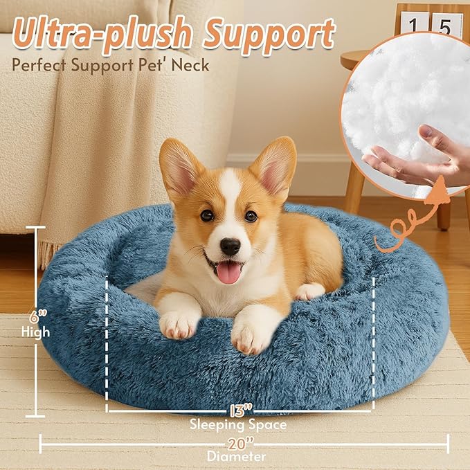 JOLLYVOGUE Calming Small Dog & Cat Bed for Indoor Cats - 20 inches Washable Donut Bed for Kittens & Puppies, Anti-Anxiety Round Fluffy Plush Pet Beds (Fits up to 15 lbs, Blue)