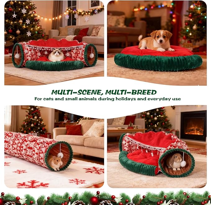 Christmas Cat Tunnel Bed, 2-in-1 Cat Tunnel for Indoor Cats, Soft Washable Covered Pet Cave Bed, Play Tube Pet Toys for Cats, Rabbits, and Small Animals