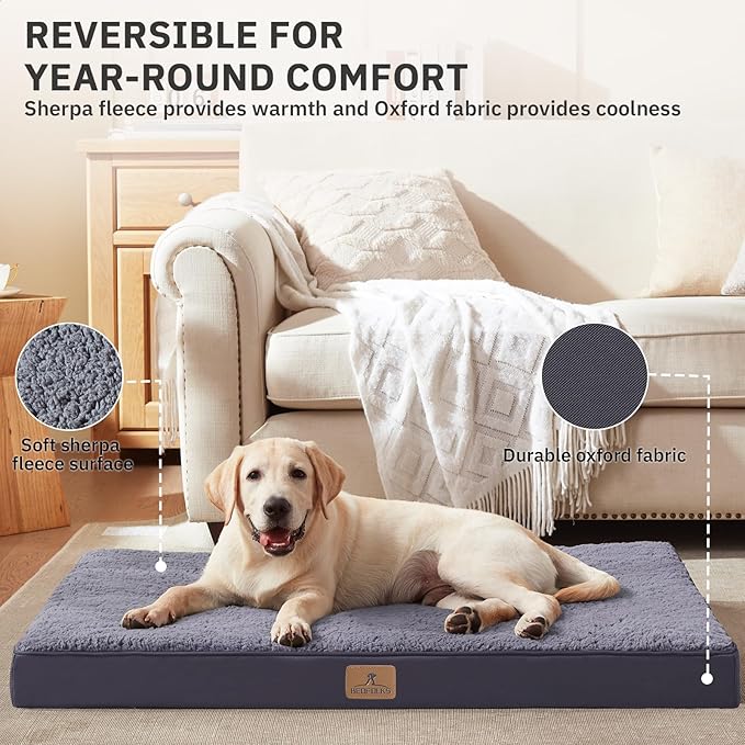 Bedfolks Orthopedic Dog Bed for Extra Large Dogs - Egg Foam Dog Crate Bed with Removable Waterproof Cover, Pet Bed Mat Suitable for Dogs and Pets Up to 100 lbs (44 x 32 x 3.5 inches, Dark Grey)