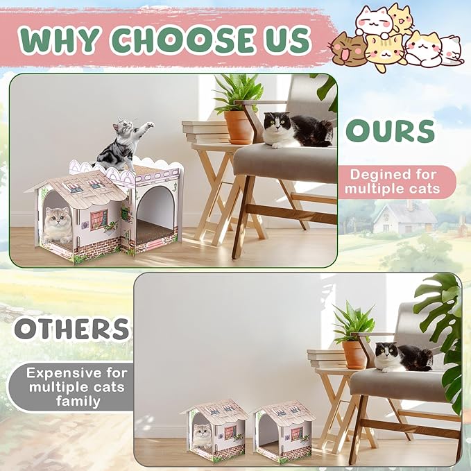 2 Story Cardboard Cat House with Scratcher Pad for Small Kitten,17x12x10 Multi Level Durable Cat Condo & Villa for Bunny Rabbit Small Animals Christmas Birthday Gift(Cottage)