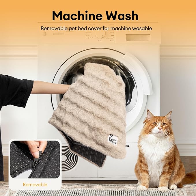 FUNNY FUZZY Self Warming Cat Bed, Waterproof Self Heating Pad for Cats & Dogs, Cozy Plush Warm Pet Mat with Removable Washable Cover - ThermoPad, 25.5"×17.7", Khaki