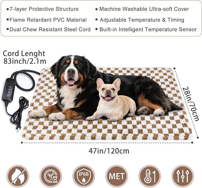 MIXJOY Heated Dog Bed, Waterproof Electric Dog Cat Heating Pad with Timer, Temperature Adjustable Heated Cat Bed for Winter, Auto Power-Off, Anti-bite Heating Pad for Dogs Cats-47''x28'', XLarge