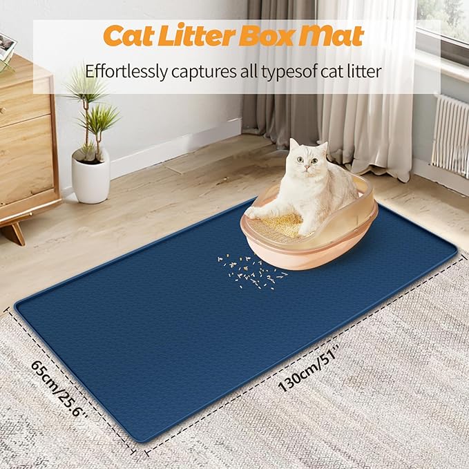 Cat Litter Mat, Extra Large 51" x 25.6" Silicone Mat Litter Trapping Mat for Scatter Control, Soft on Kitty Paws, Easy to Clean (Navy Blue)