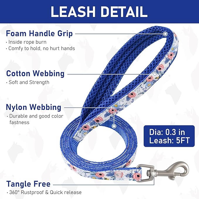GAMUDA Small Dog Harness Collar and Leash Set, Step in No Chock No Pull Soft Mesh Adjustable Dog Vest Harnesses Plaid Reflective for Dogs Puppy Cats Kitten Rabbit (Blue Flower, XS)